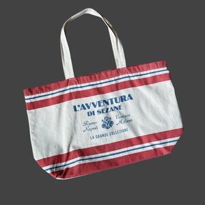 SEZANE L’Avventura Coral Red Cream Blue Textured Cotton Striped Canvas Tote Bag